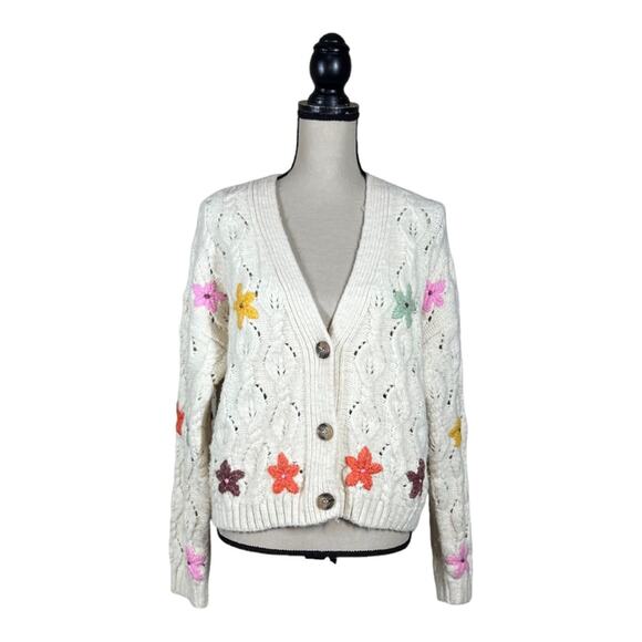 Knit Floral 3-D Embellished Wool Blend Button Front Cardigan Womens Size Medium - Picture 1 of 3